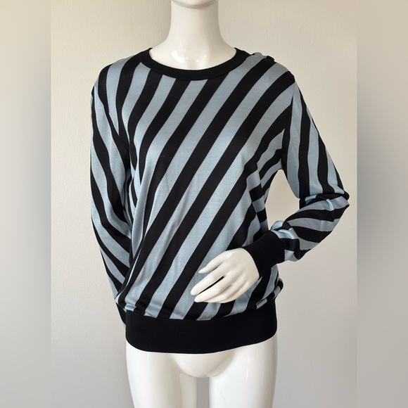 Dolce & Gabbana Silk Knit Sweater – Black Blue Diagonal Stripe Pullover - Picture 2 of 8